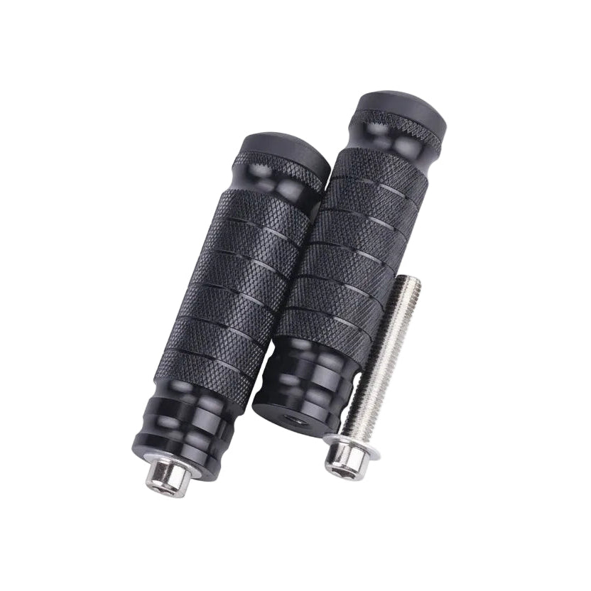 Black textured grips with a metal connector on a white background